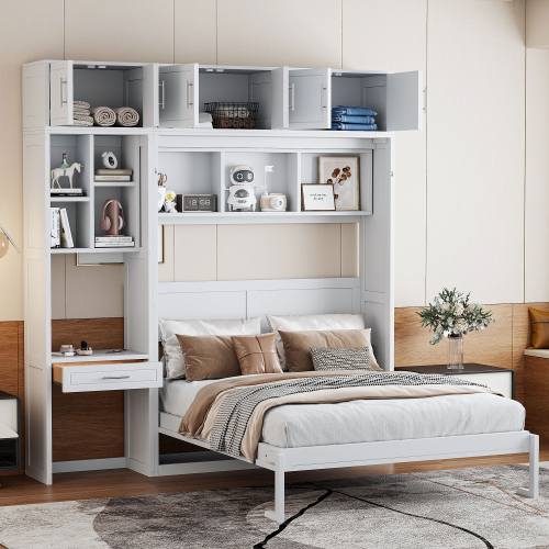 Queen Size Wall Murphy Bed with Desk, Top Cabinet and Storage Shelves, Space Saving Foldable Bed,White (OLD SKU: N708S00021K) - MDF+LVL - MDF