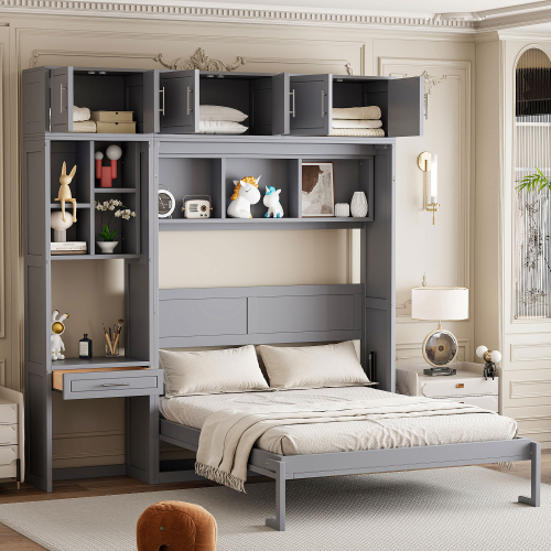 Queen Size Wall Murphy Bed with Desk, Top Cabinet and Storage Shelves, Space Saving Foldable Bed,Gray (OLC SKU:N708S00021E) - MDF+LVL - MDF