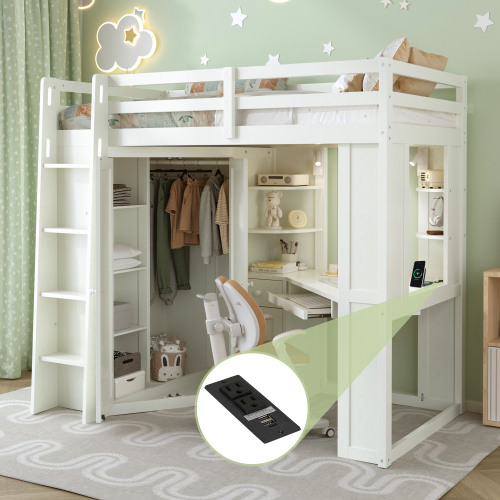 Twin Size Loft Bed with Integrated Large Wardrobe and Desk, All-in-One Space-Saving High Bed with Pull-out Keyboard Tray, Charging Station and Dual Metal Spotlights-Beige White - Wood - Wood