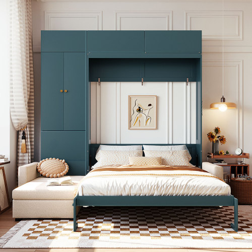 Queen Size Murphy Bed Wall Bed with Sofa and Shelves,Green Panel, Beige Sofa(OLD SKU:LP000765AAA) - Solid Wood+MDF - Solid Wood