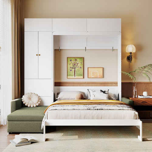 Queen Size Murphy Bed Wall Bed with Sofa and Shelves,White Panel, Green Sofa(OLD SKU:LP000765AAG) - Solid Wood+MDF - Solid Wood
