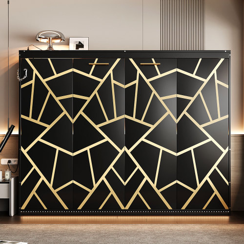 Queen-Size Modern Side-Folding Murphy Bed with Trendy Printed Pattern, LED Under-Bed Lighting & Built-In USB Outlet – Space-Saving Design-Black - Solid Wood+MDF - Solid Wood