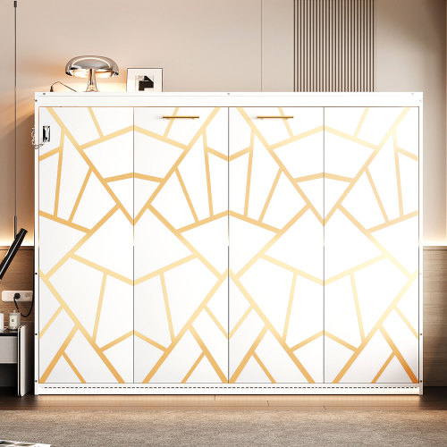 Queen-Size Modern Side-Folding Murphy Bed with Trendy Printed Pattern, LED Under-Bed Lighting & Built-In USB Outlet – Space-Saving Design-White - Solid Wood+MDF - Solid Wood