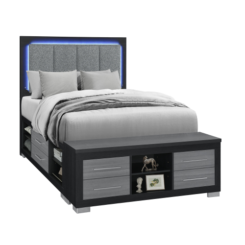 Elsa Black and Grey Storage and LED Full Bed - Black+ Gray - Solid Wood+MDF - Not Specified - Contemporary - Bedroom - Not Specified - Gray - Solid Wood - Not Specified - Not Specified - Not Specified - Not Specified - Storage Included - Box Spring Not Required - Polyester - Wood - Not Specified - Not Specified - Not Specified
