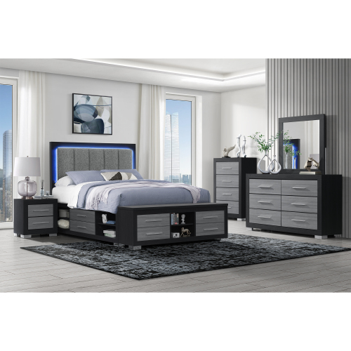 Elsa Black and Grey 5PC Storage and LED Full Bedroom Set - Black+ Gray - Solid Wood+MDF - Not Specified - Contemporary - Rubberwood - Gray - Solid Wood - Not Specified - Not Specified - Not Specified - Not Specified - Not Specified - Box Spring Not Required - Polyester - Wood - Bed Included,Chest Included,Dresser Included,Mirror Included,Nightstand Included - 5 Piece Set - Built-in Lighting