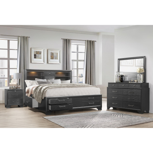 Civic Grey 5pc King Storage Bedrom Set - Gray - Solid Wood+MDF - Not Specified - Modern - Bedroom - Rubberwood - Not Specified - Gray - Solid Wood - Not Specified - Not Specified - Not Specified - Not Specified - Not Specified - Box Spring Not Required - Wood - Bed Included,Chest Included,Dresser Included,Mirror Included,Nightstand Included - 5 Piece Set - Built-in Lighting
