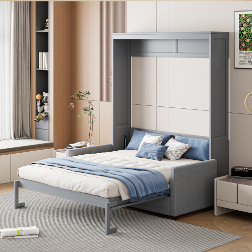 Full Size Murphy Bed Wall Bed with Cushion,Gray(OLD SKU:LP000890AAE) - MDF+LVL