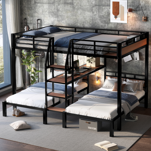 Queen over Twin over Twin Metal Bunk Bed ,triple metal bunk bed with Storage shelves and storage stairs,Black - MDF+Metal