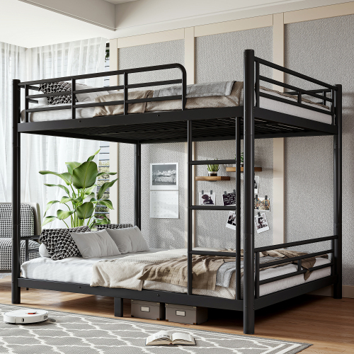 Queen over Queen Size Metal Bunk Bed for Teens and Adults,Space-Saving/Noise Reduced/No Box Spring Needed, Round Tube, Converted Into Two Beds, Black