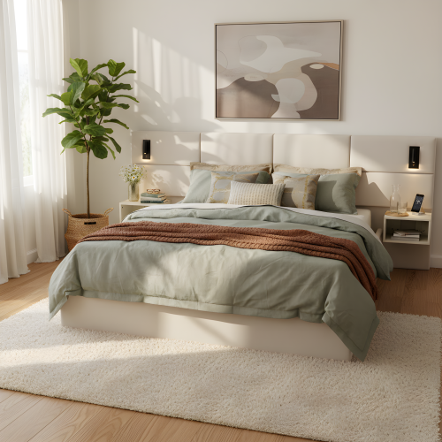Soft, Comfortable, Luxurious Upholstered Smart Bed with Reading Light,King - White - Wood+Fabric - Foam - Bedroom - Bed Frame - Chenille - Iron