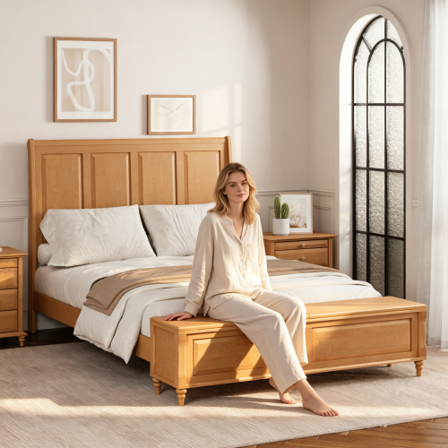 Queen Bed Frame with Tall Headboard and Storage Bench,Soild Wood Sleigh Bed with 64" Storage Chest,No Box Spring Needed, Natural - Solid Wood - Bedroom - Box Spring Not Required - Rubberwood - Nature