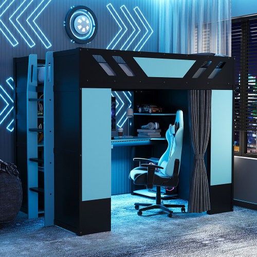 Full Size Wood Loft Bed with,Shelves,Blackout Curtains,and RGB Lights,Black+Cloud Blue - Black+Blue