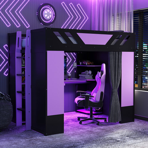 Full Size Wood Loft Bed with,Shelves,Blackout Curtains,and RGB Lights,Black+Purple - Purple+Black