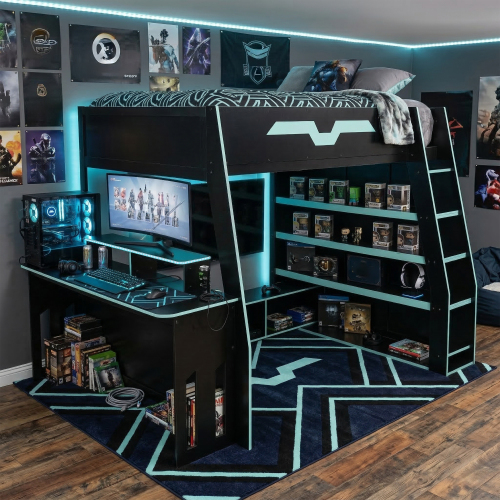 Full Size Wood Loft Bed with Desk, Multi-storage Shelves and RGB Light, Table with adjustable placement,Cloud Blue