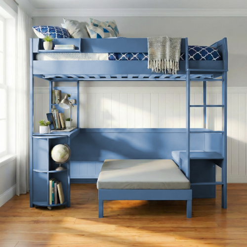 Full Size Wood Loft Bed with Desk, Bedside Storage Shelf, Sofa and Light, Navy Blue - Solid Wood - Solid Wood