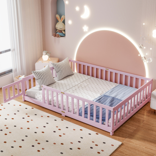 Full Size Floor Bed with Fence and Door,Rubber Wood Floor Bed with Safety Guardrails,Pink