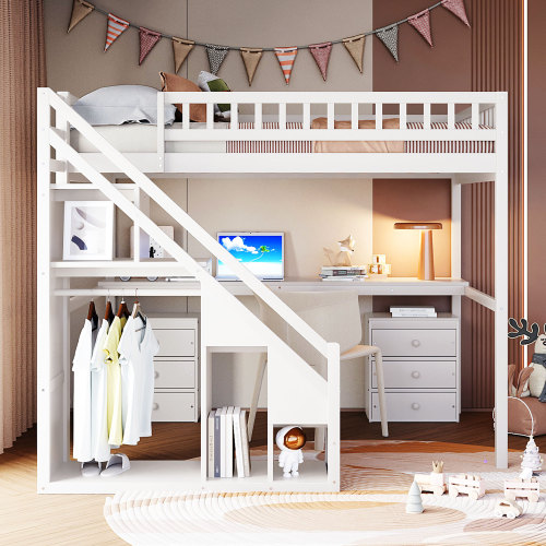 Full Size Loft Bed with Two Chest of Drawers, Desk and Light Strip, White(OLD SKU:LT000258AAK) - Solid Wood