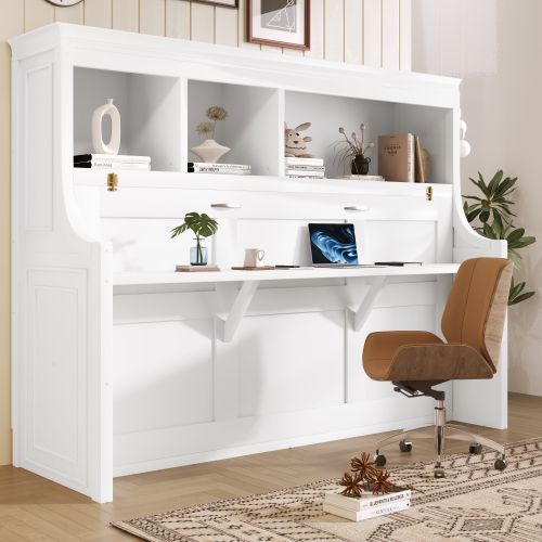 Twin Size Murphy Bed with Desk and Storage Shelves, White - Wood