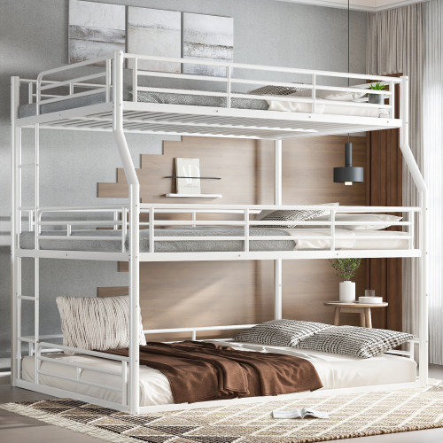 Full XL over Queen over Queen Bunk Bed, Metal Triple Bunk Bed with Safety Guardrails, Heavy-duty Bunk Bed with Noise-reduced Design, White - Light White