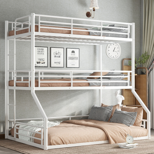 Twin over Twin over Full Bunk Bed, Metal Triple Bunk Bed with Safety Guardrails, Heavy-duty Bunk Bed with Noise-reduced Design, White - Light White