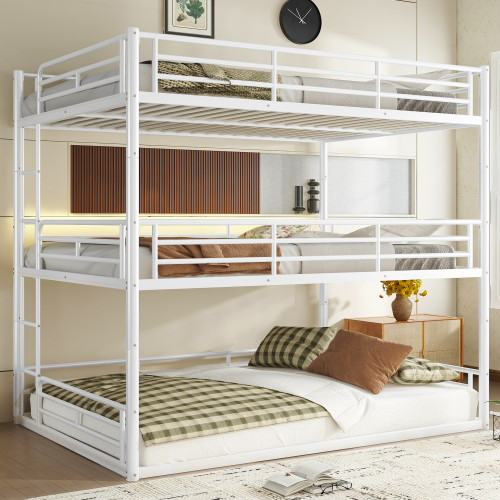 Queen over Queen over Queen Bunk Bed, Metal Triple Bunk Bed with Safety Guardrails, Heavy-duty Bunk Bed with Noise-reduced Design, White - Light White