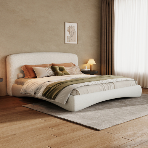 Curved Upholstered Bed with Smart Ambient Lighting,Cream,Queen - Wood+Fabric - Foam - Bedroom - Boucle - Wood