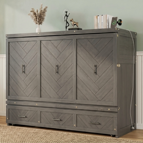 Queen Size Murphy Bed, Pine Wood Cabinet Bed with Built-in USB Charging Station and Geometrical Decoration Panel ,Grey - Antique Grey