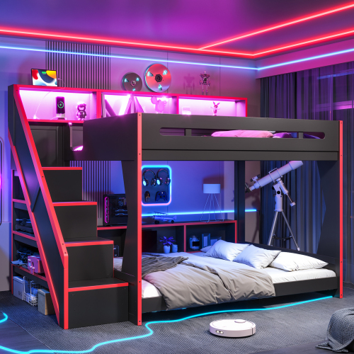Queen Over Queen Gaming Bunk Bed with Staircase & LED Lights, USB Charging, Storage Shelves & , Space-Saving Bunk Bed Frame for Kids Teens Bedroom Gaming Room, Black - MDF,Pine,Plywood