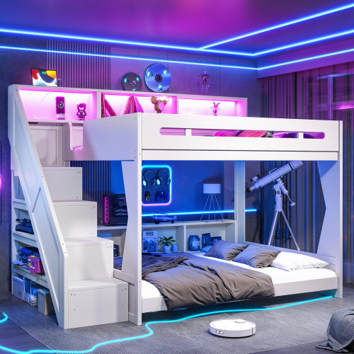 Queen Over Queen Gaming Bunk Bed with Staircase & LED Lights, USB Charging, Storage Shelves & , Space-Saving Bunk Bed Frame for Kids Teens Bedroom Gaming Room,White - MDF,Pine,Plywood