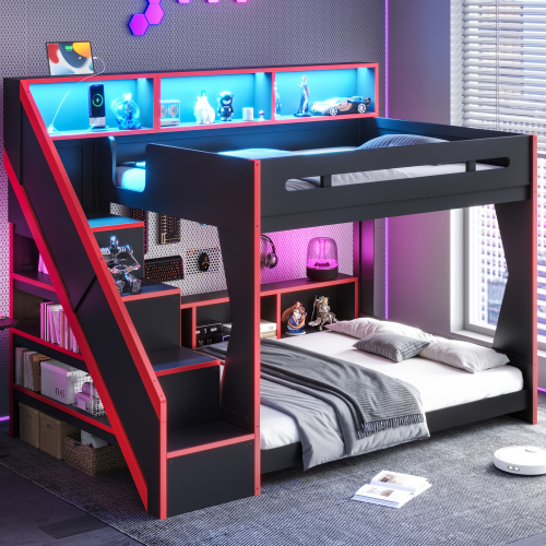 Full Over Full Gaming Bunk Bed with Staircase & LED Lights, USB Charging, Storage Shelves & , Space-Saving Bunk Bed Frame for Kids Teens Bedroom Gaming Room, Black - MDF,Pine,Plywood