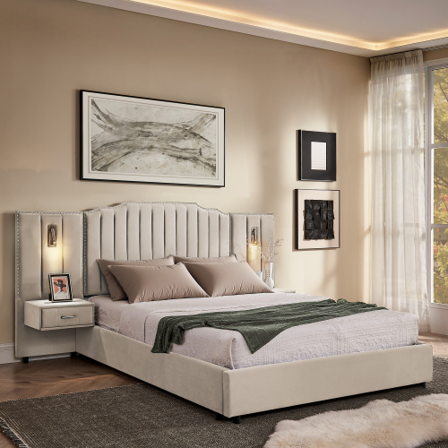 Queen Size Upholstered Bed Frame with Velvet Fabric, Vertical Stripe Design with Buttons Around Platform Bed with Headboard, Solid Frame & Bedside Table - No Box Spring Needed-Beige - MDF