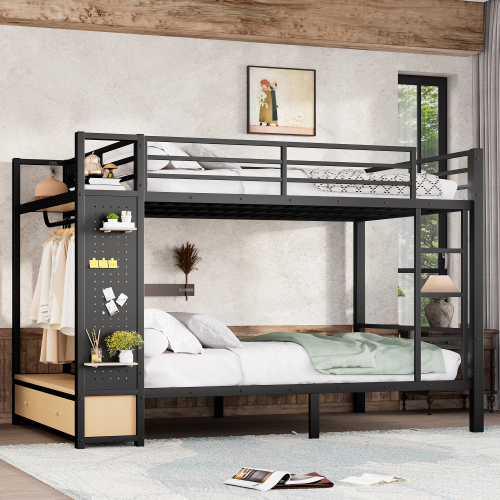 Queen over Queen size Metal Bunk Bed for Teens  with Storage Shelves ,Drawers and Pegboard,Black - MDF+Metal
