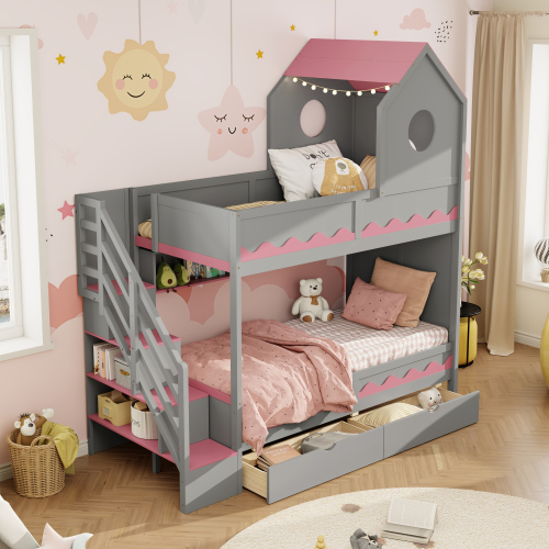 Twin Over Twin Bunk Bed with House-Shaped Roof and Storage Stairs, Wooden House Bed Frame with 2 Under-bed Drawers,Shelves,LED,Gray