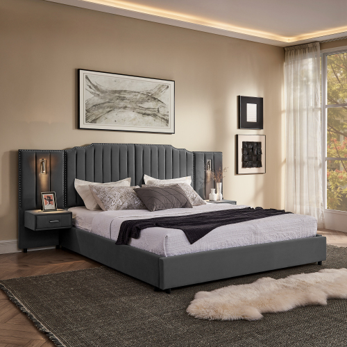 King Size Upholstered Bed Frame with Velvet Fabric, Vertical Stripe Design with Buttons Around King Size Platform Bed with Headboard, Solid Frame & Bedside Table - No Box Spring Needed-Gray - MDF - MDF