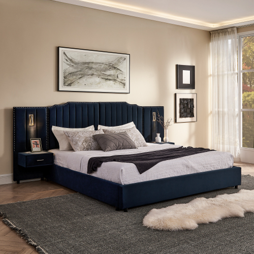 King Size Upholstered Bed Frame with Velvet Fabric, Vertical Stripe Design with Buttons Around King Size Platform Bed with Headboard, Solid Frame & Bedside Table - No Box Spring Needed-Dark Blue - MDF - MDF