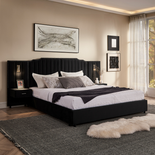 King Size Upholstered Bed Frame with Velvet Fabric, Vertical Stripe Design with Buttons Around King Size Platform Bed with Headboard, Solid Frame & Bedside Table - No Box Spring Needed-Black - MDF - MDF