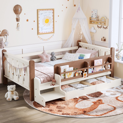 Twin Size Floor Bed with Storage Bookcases and Drawers, Solid Wood Kids Floor Bed with Cute Stairs and Guardrails, No Box Spring Needed, Beige - MDF,Pine,Plywood - Not Specified