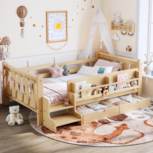 Twin Size Floor Bed with Storage Bookcases and Drawers, Solid Wood Kids Floor Bed with Cute Stairs and Guardrails, No Box Spring Needed, Light Natural - MDF,Pine,Plywood - MDF