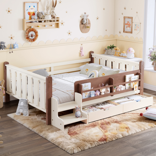 Full Size Floor Bed with Storage Bookcases and Drawers, Solid Wood Kids Floor Bed with Cute Stairs and Guardrails, No Box Spring Needed, Beige - MDF,Pine,Plywood - Not Specified