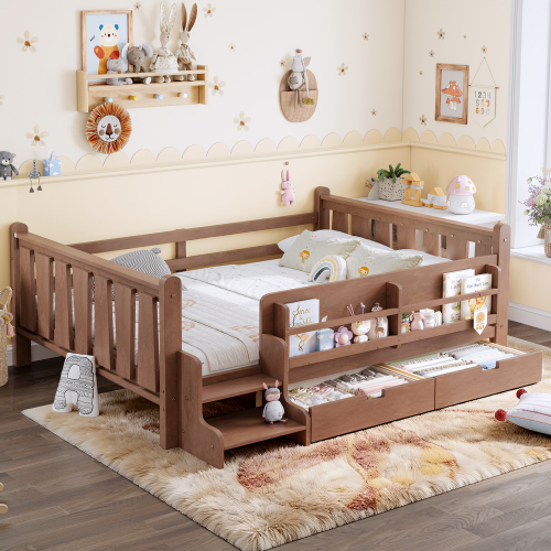 Full Size Floor Bed with Storage Bookcases and Drawers, Solid Wood Kids Floor Bed with Cute Stairs and Guardrails, No Box Spring Needed, Natural - MDF,Pine,Plywood - MDF