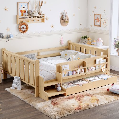 Full Size Floor Bed with Storage Bookcases and Drawers, Solid Wood Kids Floor Bed with Cute Stairs and Guardrails, No Box Spring Needed, Light Natural - MDF,Pine,Plywood - MDF