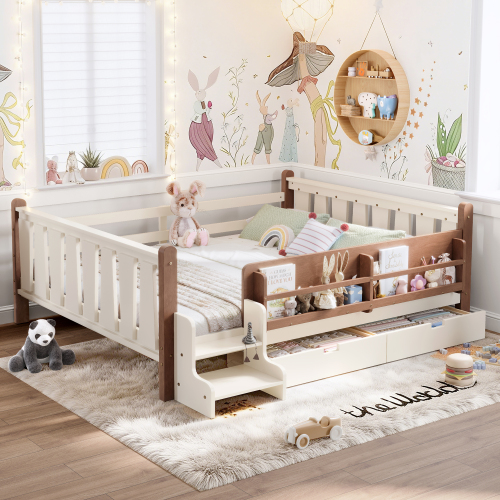 Queen Size Floor Bed with Storage Bookcases and Drawers, Solid Wood Kids Floor Bed with Cute Stairs and Guardrails, No Box Spring Needed, Beige - MDF,Pine,Plywood - Not Specified