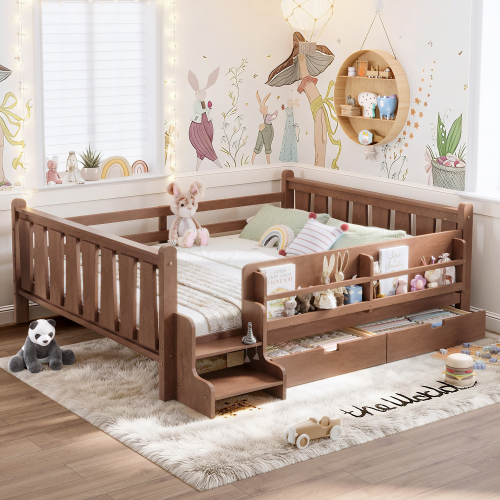 Queen Size Floor Bed with Storage Bookcases and Drawers, Solid Wood Kids Floor Bed with Cute Stairs and Guardrails, No Box Spring Needed, Natural - MDF,Pine,Plywood - MDF