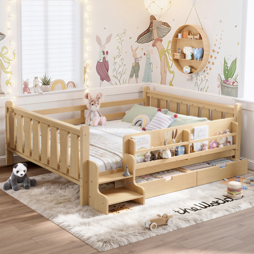 Queen Size Floor Bed with Storage Bookcases and Drawers, Solid Wood Kids Floor Bed with Cute Stairs and Guardrails, No Box Spring Needed, Light Natural - MDF,Pine,Plywood - MDF
