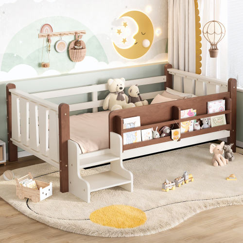 Twin Size Floor Bed with Storage Bookcases, Solid Wood Kids Floor Bed with Cute Stairs and Guardrails, No Box Spring Needed, Beige - MDF,Pine,Plywood - Not Specified