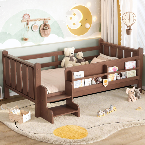 Twin Size Floor Bed with Storage Bookcases, Solid Wood Kids Floor Bed with Cute Stairs and Guardrails, No Box Spring Needed, Natural - MDF,Pine,Plywood - MDF