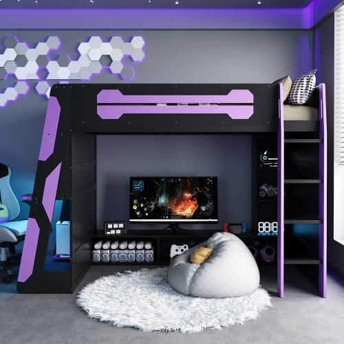 Twin Size Wood Loft Bed with Desk, Multi-storage Shelves and RGB Light, Purple - Not Specified