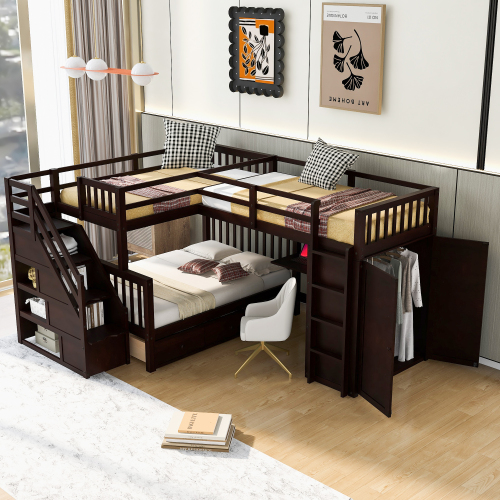 Twin-Twin over Full L-Shaped Bunk Bed With 3 Drawers, Portable Desk and Wardrobe, Espresso(OLD SKU:LT100542AAP) - Solid Wood
