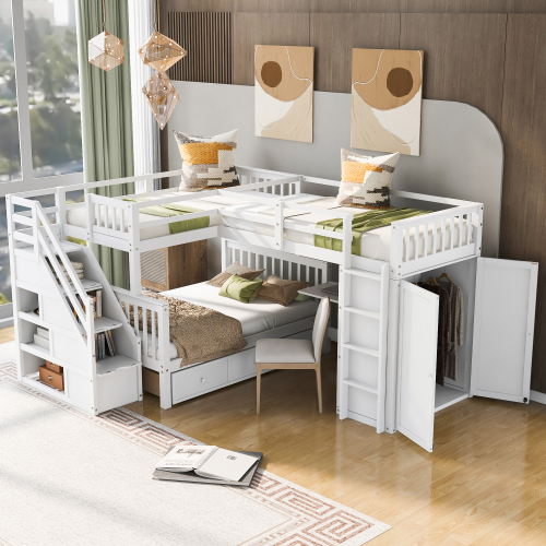 Twin-Twin over Full L-Shaped Bunk Bed With 3 Drawers, Portable Desk and Wardrobe, White(OLD SKU:LT100542AAK) - Solid Wood - Solid Wood