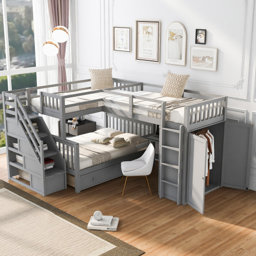 Twin-Twin over Full L-Shaped Bunk Bed With 3 Drawers, Portable Desk and Wardrobe, Gray(OLD SKU:LT100542AAE) - Solid Wood - Solid Wood